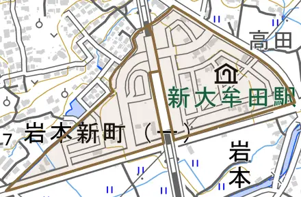 岩本新町とその周辺の地図。町の範囲を重ねている