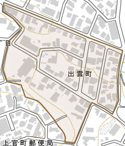 出雲町とその周辺の地図。町の範囲を重ねている