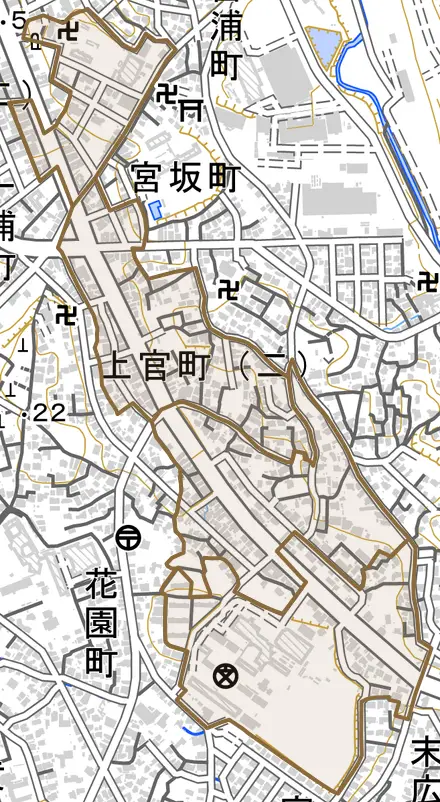 上官町とその周辺の地図。町の範囲を重ねている