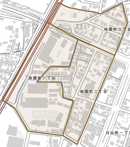 柿園町とその周辺の地図。町の範囲を重ねている