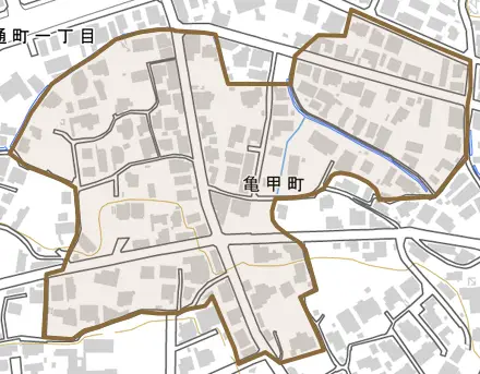 亀甲町とその周辺の地図。町の範囲を重ねている