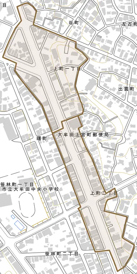 上町とその周辺の地図。町の範囲を重ねている