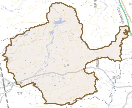 大字上内とその周辺の地図。町の範囲を重ねている