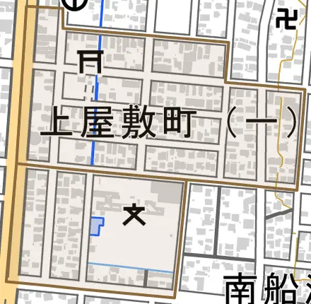 上屋敷町とその周辺の地図。町の範囲を重ねている