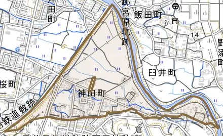 神田町とその周辺の地図。町の範囲を重ねている