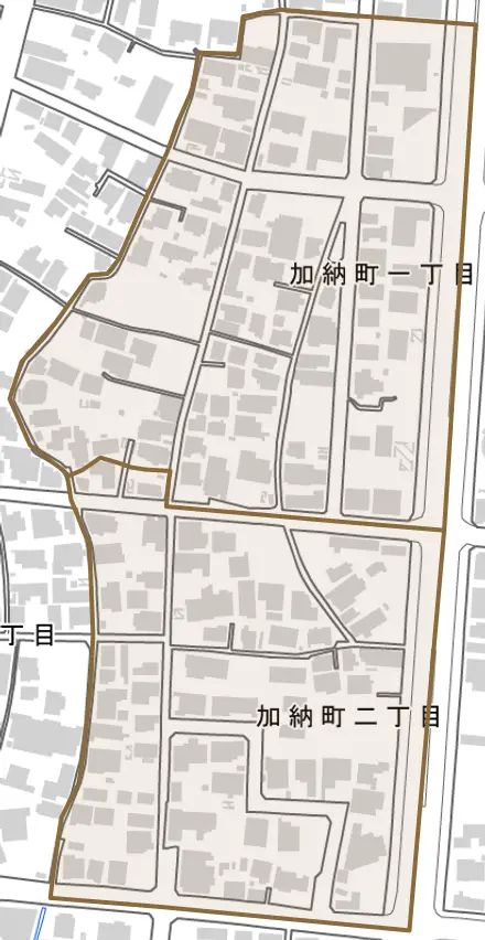 加納町とその周辺の地図。町の範囲を重ねている