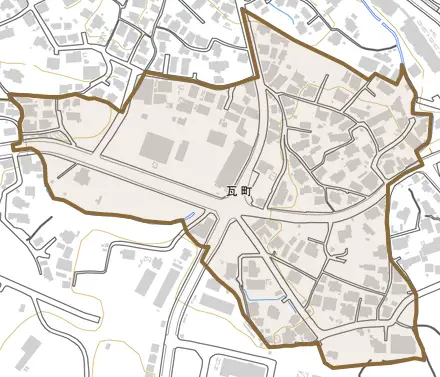 瓦町とその周辺の地図。町の範囲を重ねている