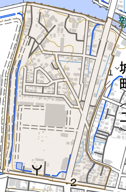 健老町とその周辺の地図。町の範囲を重ねている