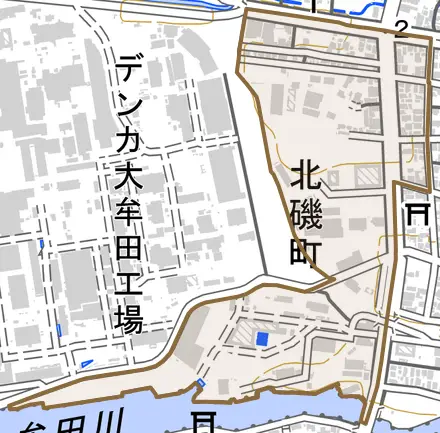 北磯町とその周辺の地図。町の範囲を重ねている