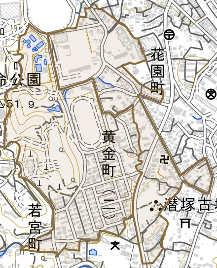 黄金町とその周辺の地図。町の範囲を重ねている