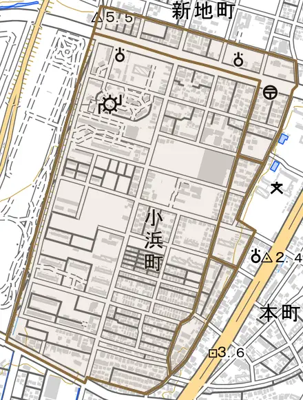小浜町とその周辺の地図。町の範囲を重ねている