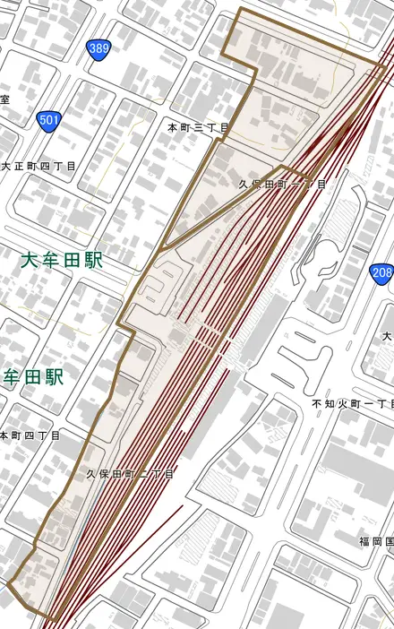 久保田町とその周辺の地図。町の範囲を重ねている