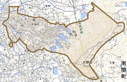 大字久福木とその周辺の地図。町の範囲を重ねている