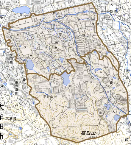 大字歴木とその周辺の地図。町の範囲を重ねている