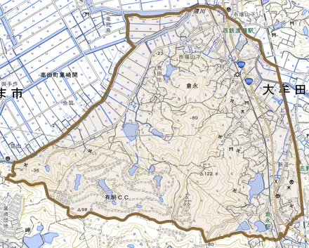 大字倉永とその周辺の地図。町の範囲を重ねている