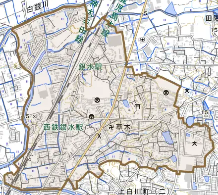 大字草木とその周辺の地図。町の範囲を重ねている