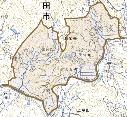 大字教楽来とその周辺の地図。町の範囲を重ねている
