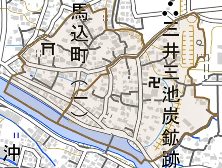 馬込町とその周辺の地図。町の範囲を重ねている
