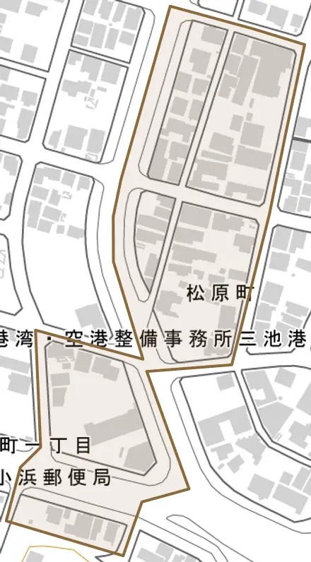 松原町とその周辺の地図。町の範囲を重ねている