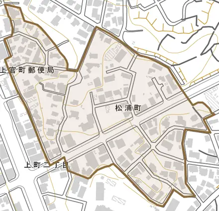 松浦町とその周辺の地図。町の範囲を重ねている