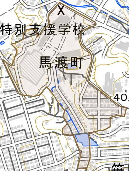 馬渡町とその周辺の地図。町の範囲を重ねている