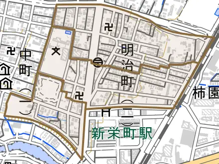 明治町とその周辺の地図。町の範囲を重ねている