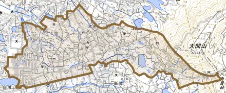 大字三池とその周辺の地図。町の範囲を重ねている
