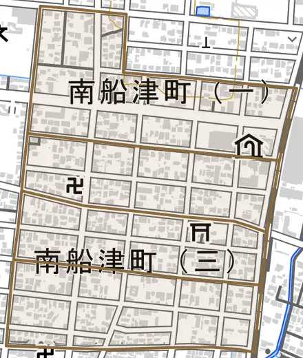 南船津町とその周辺の地図。町の範囲を重ねている