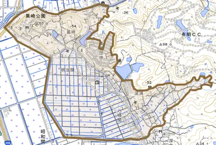 大字岬とその周辺の地図。町の範囲を重ねている