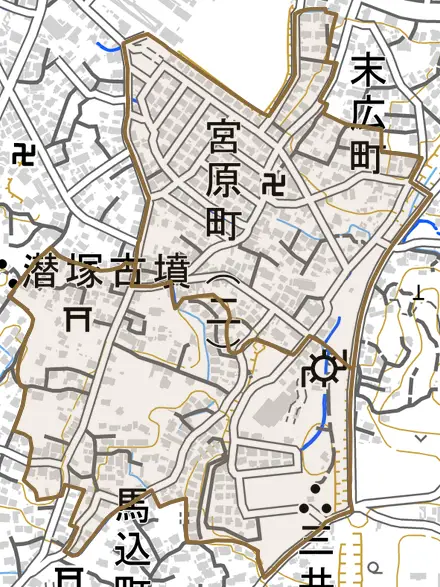 宮原町とその周辺の地図。町の範囲を重ねている