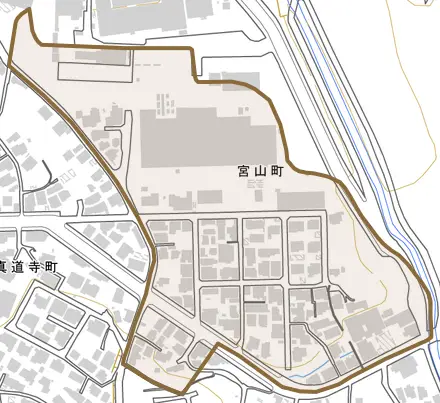 宮山町とその周辺の地図。町の範囲を重ねている