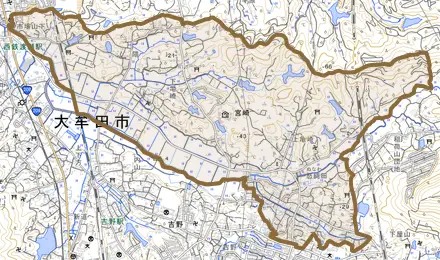 大字宮崎とその周辺の地図。町の範囲を重ねている