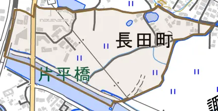 長田町とその周辺の地図。町の範囲を重ねている