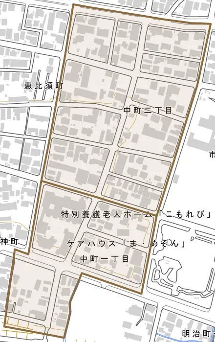 中町とその周辺の地図。町の範囲を重ねている