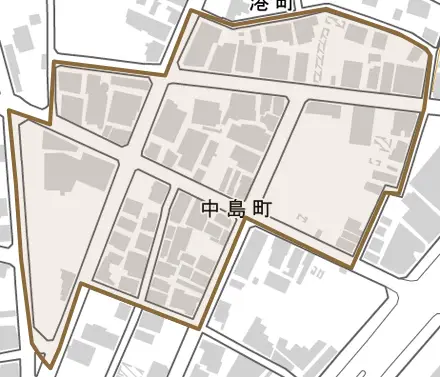 中島町とその周辺の地図。町の範囲を重ねている