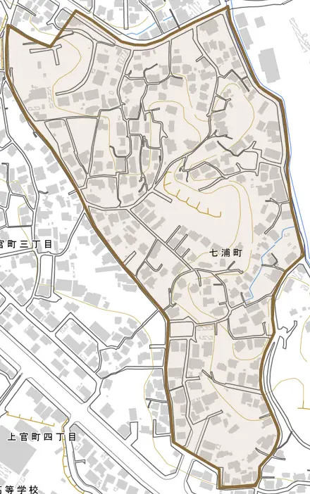 七浦町とその周辺の地図。町の範囲を重ねている