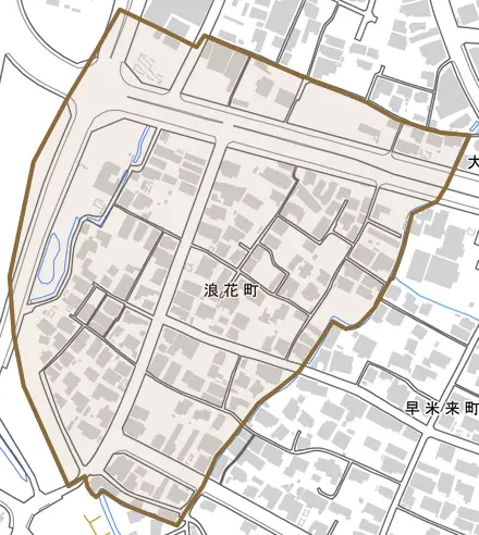 浪花町とその周辺の地図。町の範囲を重ねている
