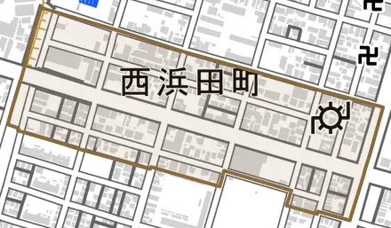 西浜田町とその周辺の地図。町の範囲を重ねている