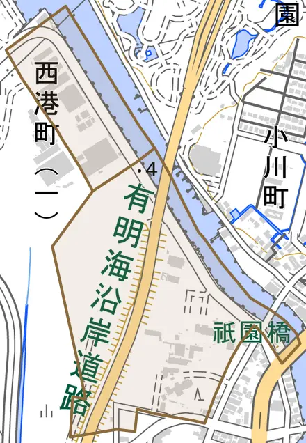 西港町とその周辺の地図。町の範囲を重ねている
