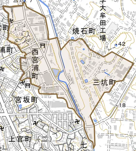 西宮浦町とその周辺の地図。町の範囲を重ねている