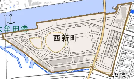 西新町とその周辺の地図。町の範囲を重ねている