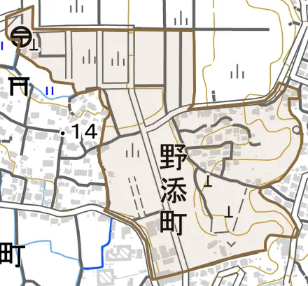 野添町とその周辺の地図。町の範囲を重ねている
