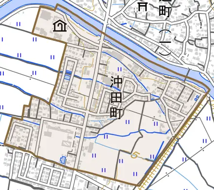 沖田町とその周辺の地図。町の範囲を重ねている