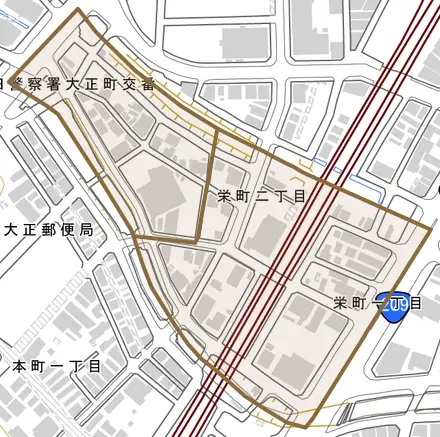 栄町とその周辺の地図。町の範囲を重ねている