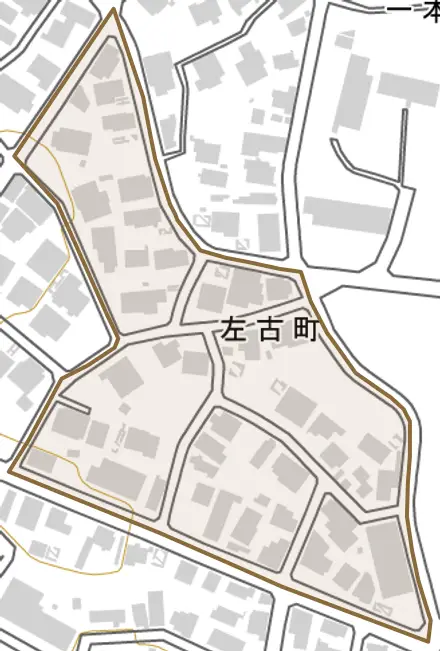 左古町とその周辺の地図。町の範囲を重ねている
