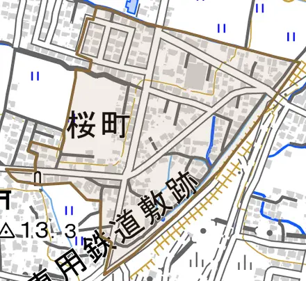 桜町とその周辺の地図。町の範囲を重ねている