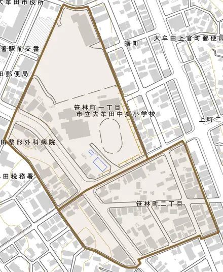 笹林町とその周辺の地図。町の範囲を重ねている