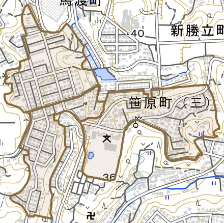 笹原町とその周辺の地図。町の範囲を重ねている