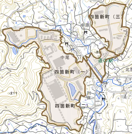 四箇新町とその周辺の地図。町の範囲を重ねている