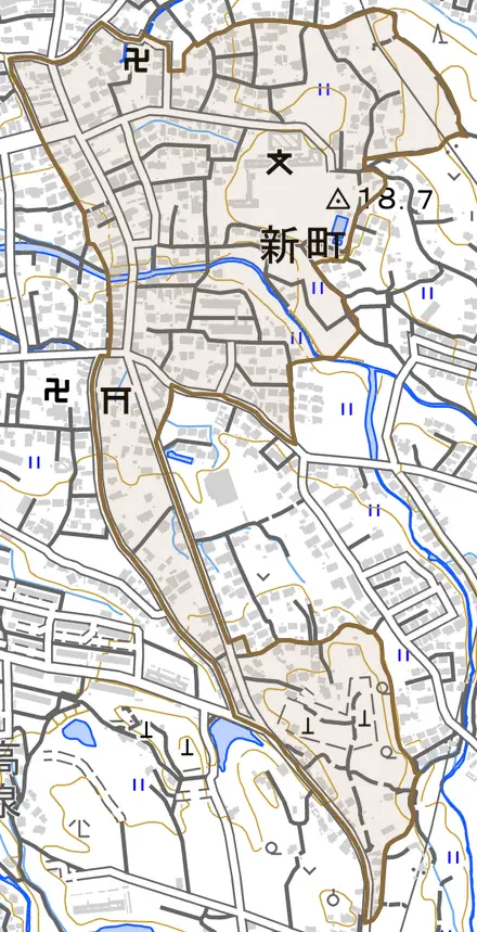 大字新町とその周辺の地図。町の範囲を重ねている